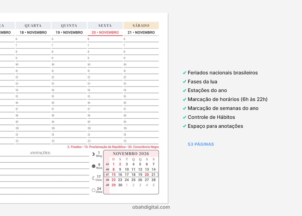 Planner semanal 2026 com marcação de horários para imprimir – Obah Digital