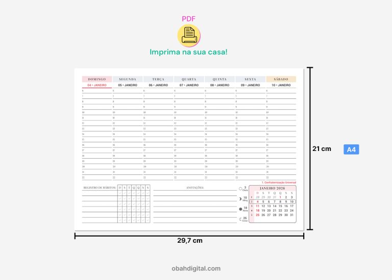 Planner semanal 2026 com marcação de horários para imprimir – Obah Digital