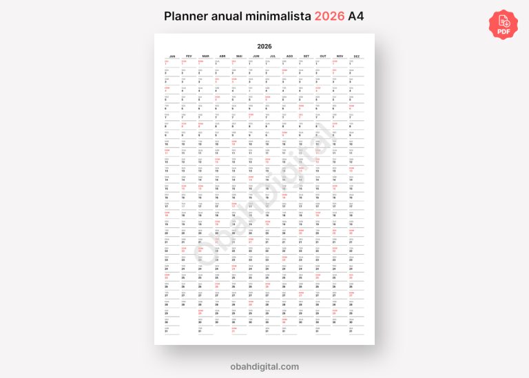 Calendário Planner A4 minimalista 2026 para imprimir – Obah Digital