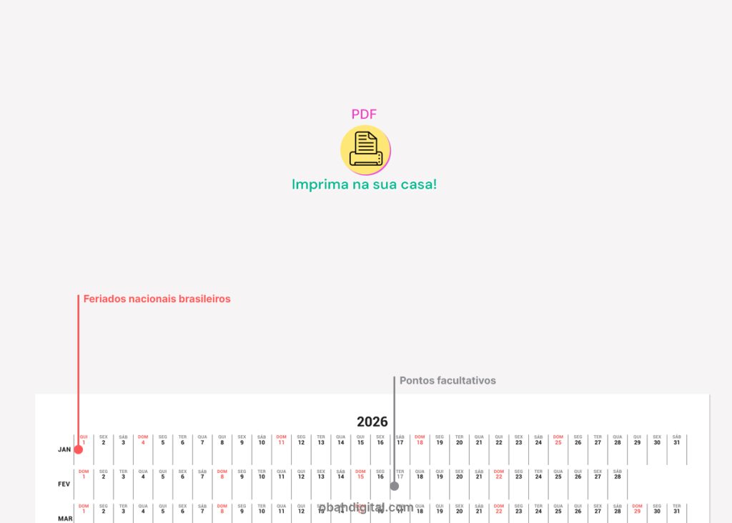 Calendário Planner A4 minimalista 2026 para imprimir – Obah Digital