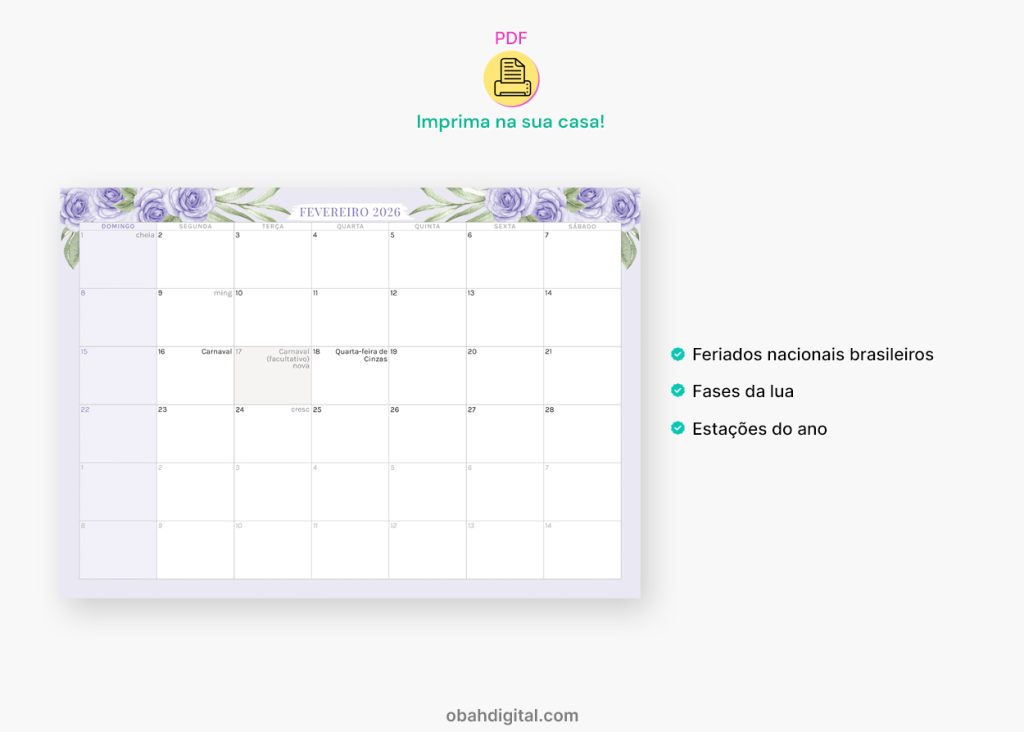 Planner digital mensal 2026 para imprimir A4 – Obah Digital