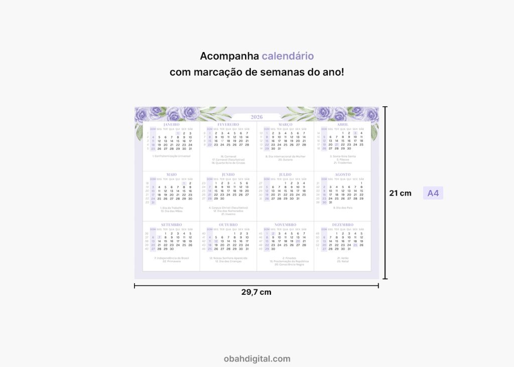 Planner digital mensal 2026 para imprimir A4 – Obah Digital