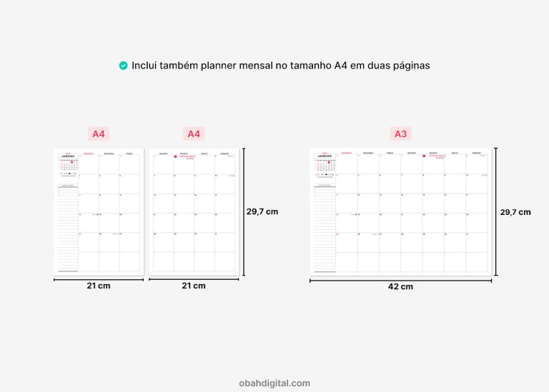 Planner digital mensal 2026 para imprimir A3 – Obah Digital