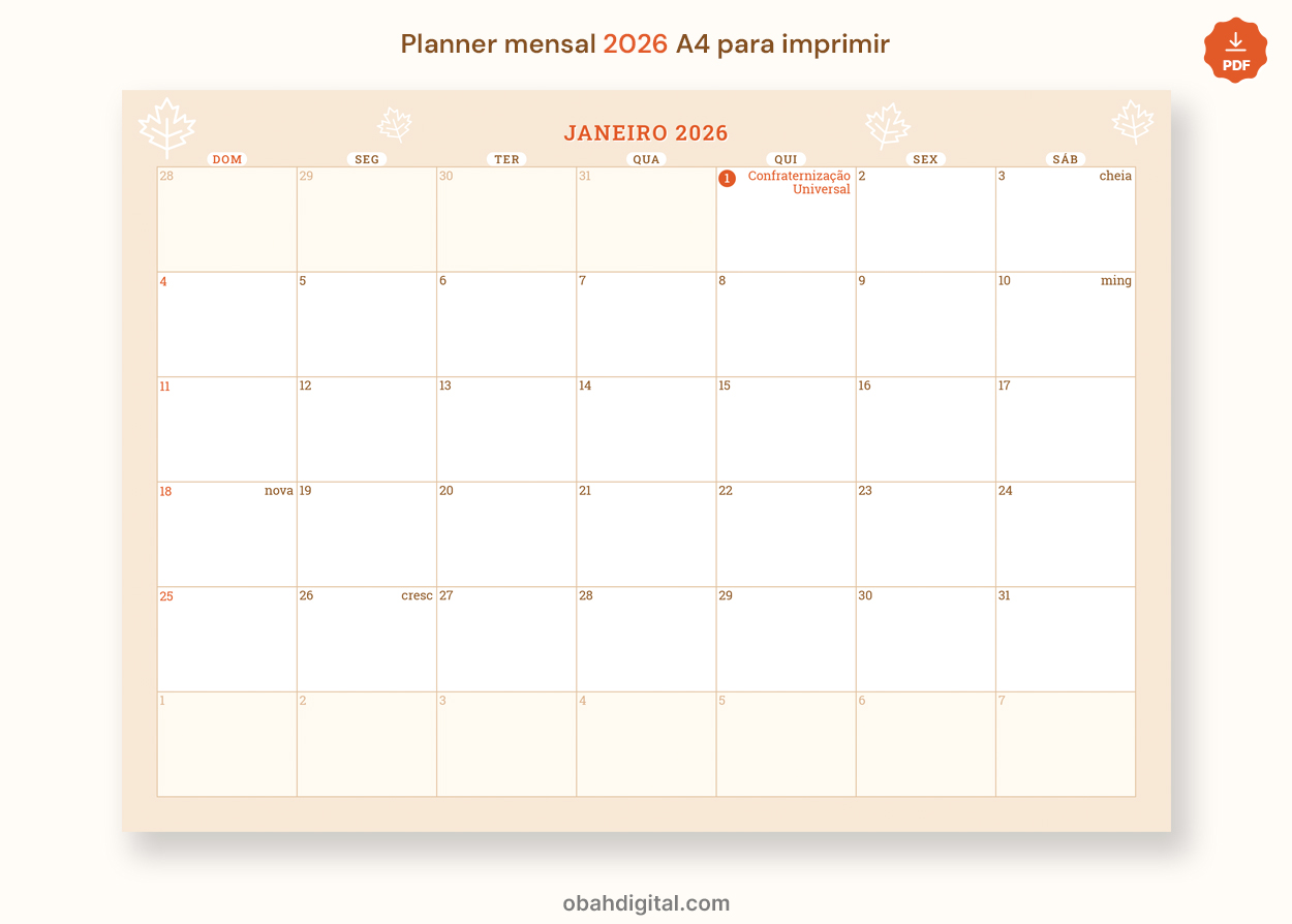 Planner mensal feriados 2026 calendário A4 para imprimir