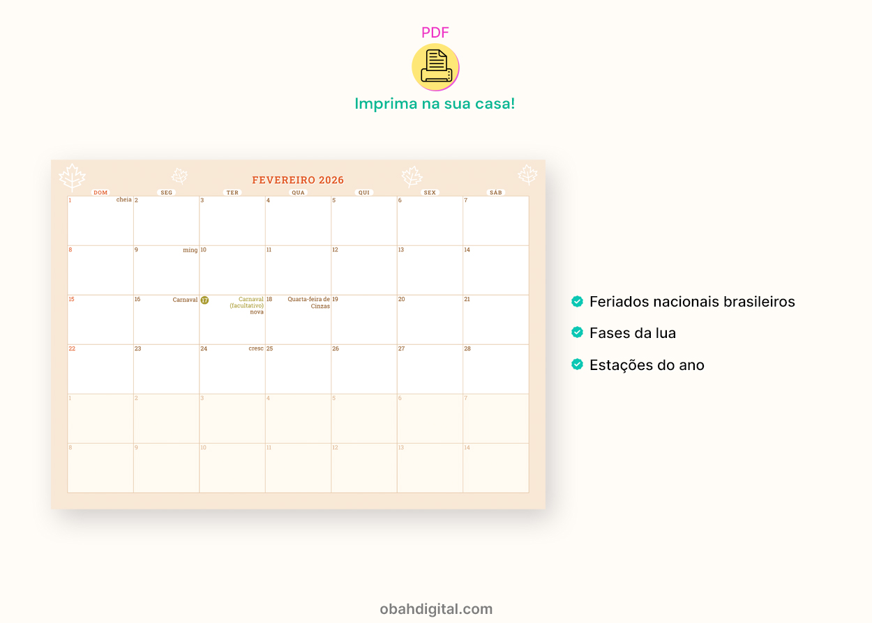 Planner mensal feriados 2026 calendário A4 para imprimir