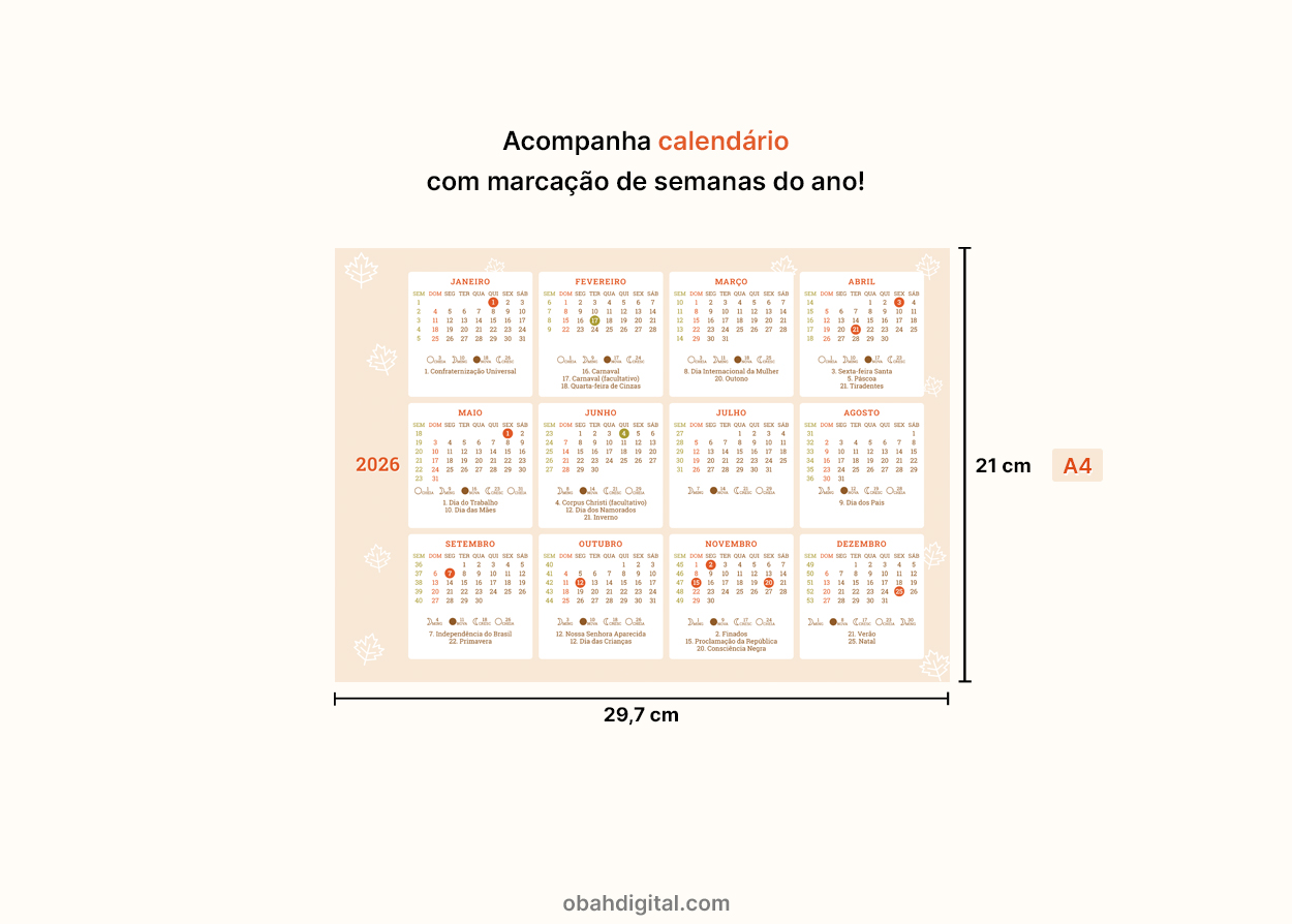 Planner mensal feriados 2026 calendário A4 para imprimir