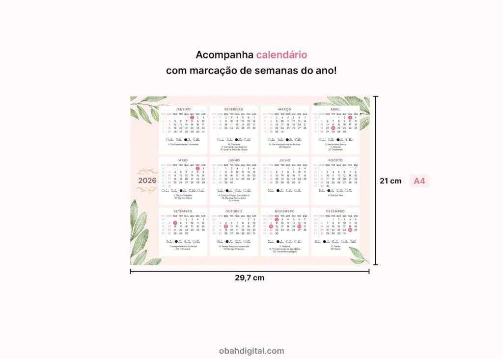 Planner digital mensal 2026 para imprimir A4 – Obah Digital