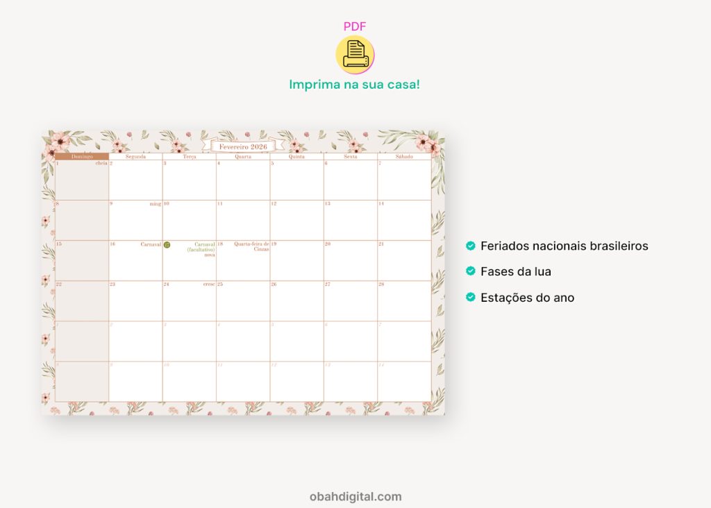 Planner mensal feriados 2026 calendário A4 para imprimir