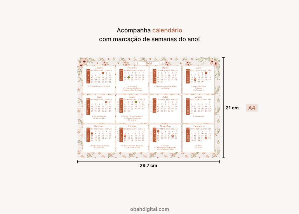 Planner mensal feriados 2026 calendário A4 para imprimir