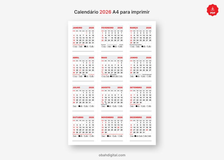 Calendário 2026 para imprimir A4 – Obah Digital