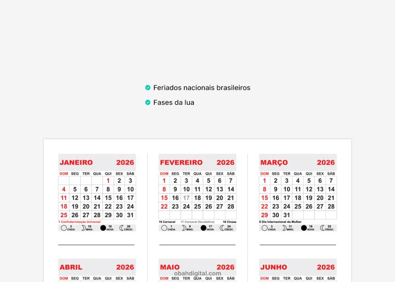 Calendário 2026 para imprimir A4 – Obah Digital