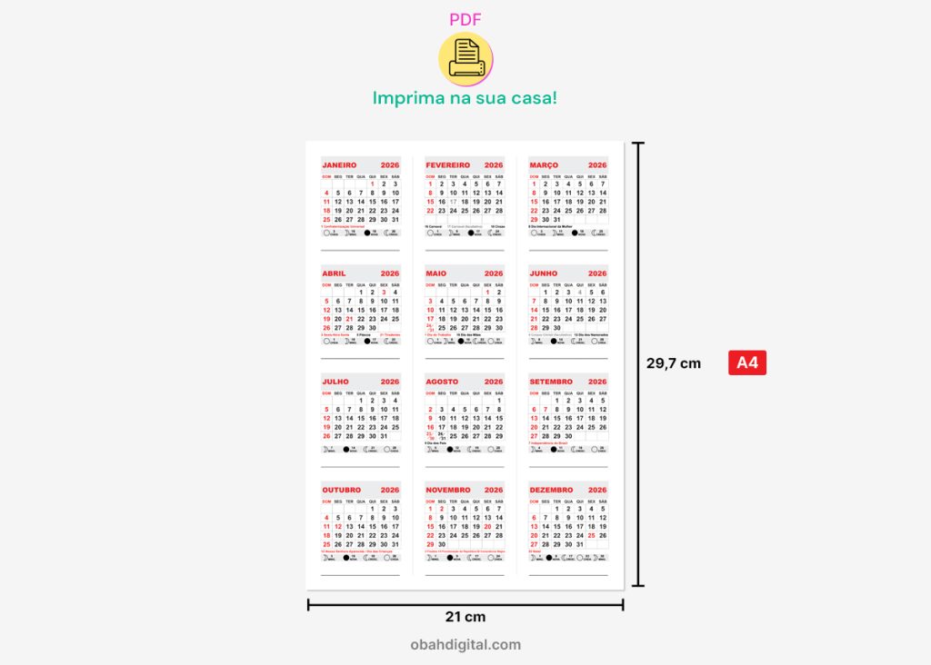 Calendário 2026 para imprimir A4 – Obah Digital