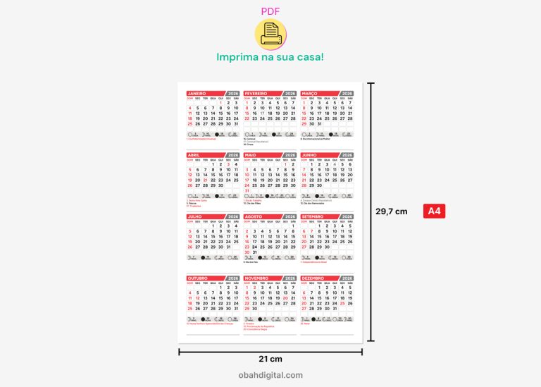Calendário 2026 para imprimir A4 – Obah Digital