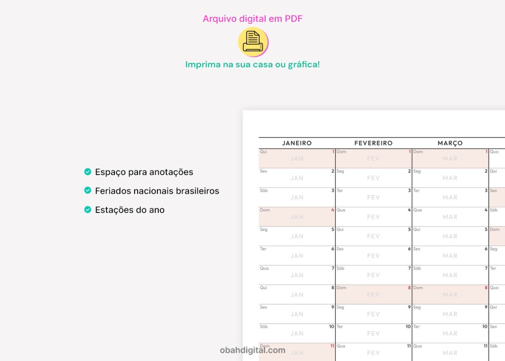 Calendário de Parede Anotações 2026 A0 para imprimir – Obah Digital