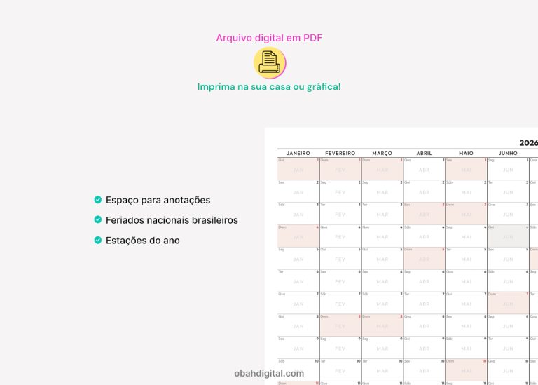 Calendário de Parede Anotações 2026 A0 para imprimir – Obah Digital