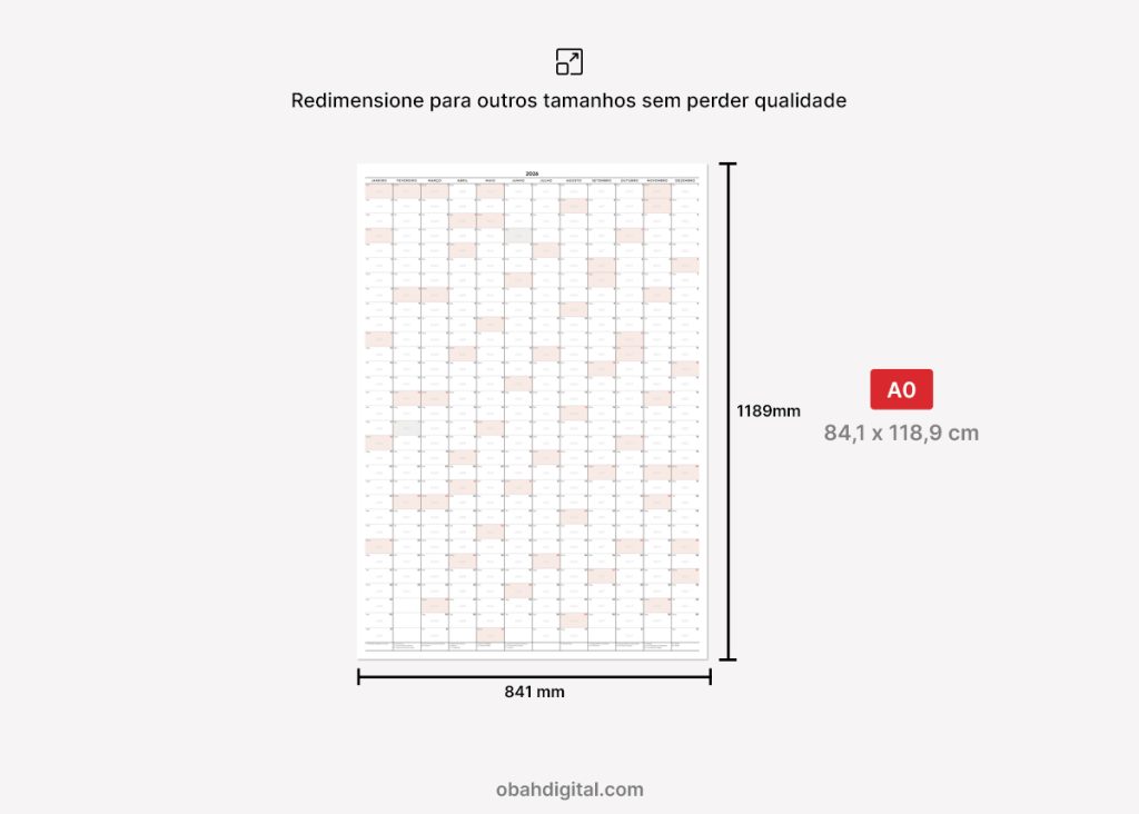 Calendário de Parede Anotações 2026 A0 para imprimir – Obah Digital