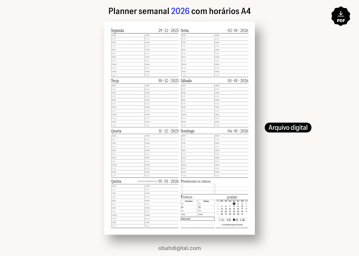 Arquivo Digital Planner Semanal 2026 Horários A4 feriados fases lua