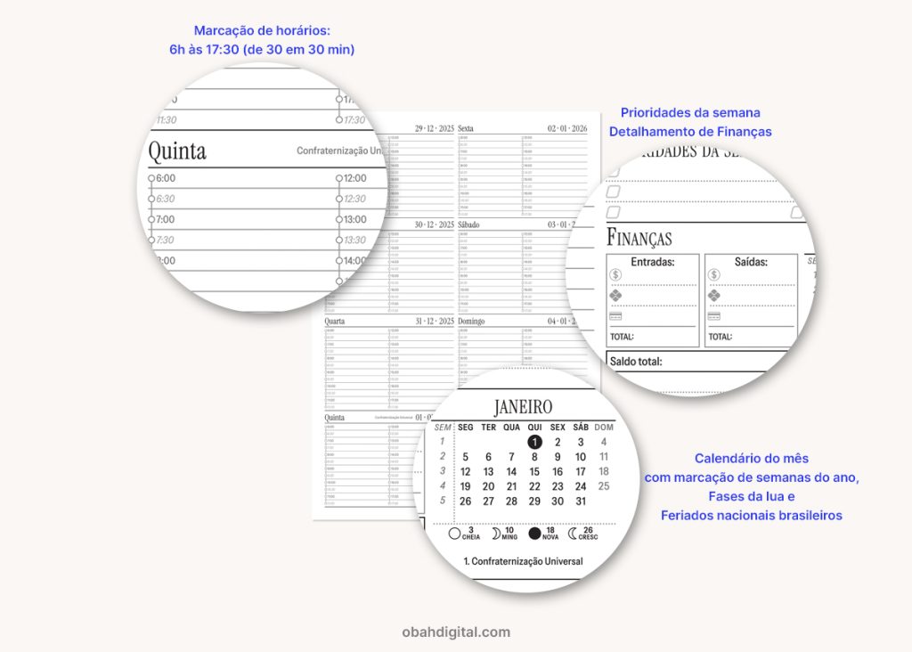 Planner semanal 2026 segunda-feira A4 para imprimir – Obah Digital
