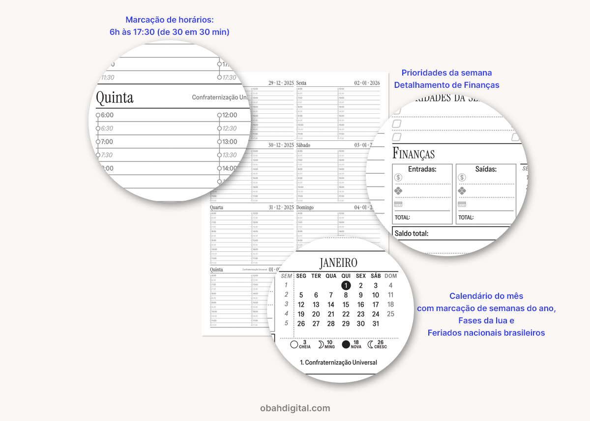 Arquivo Digital Planner Semanal 2026 Horários A4 feriados fases lua