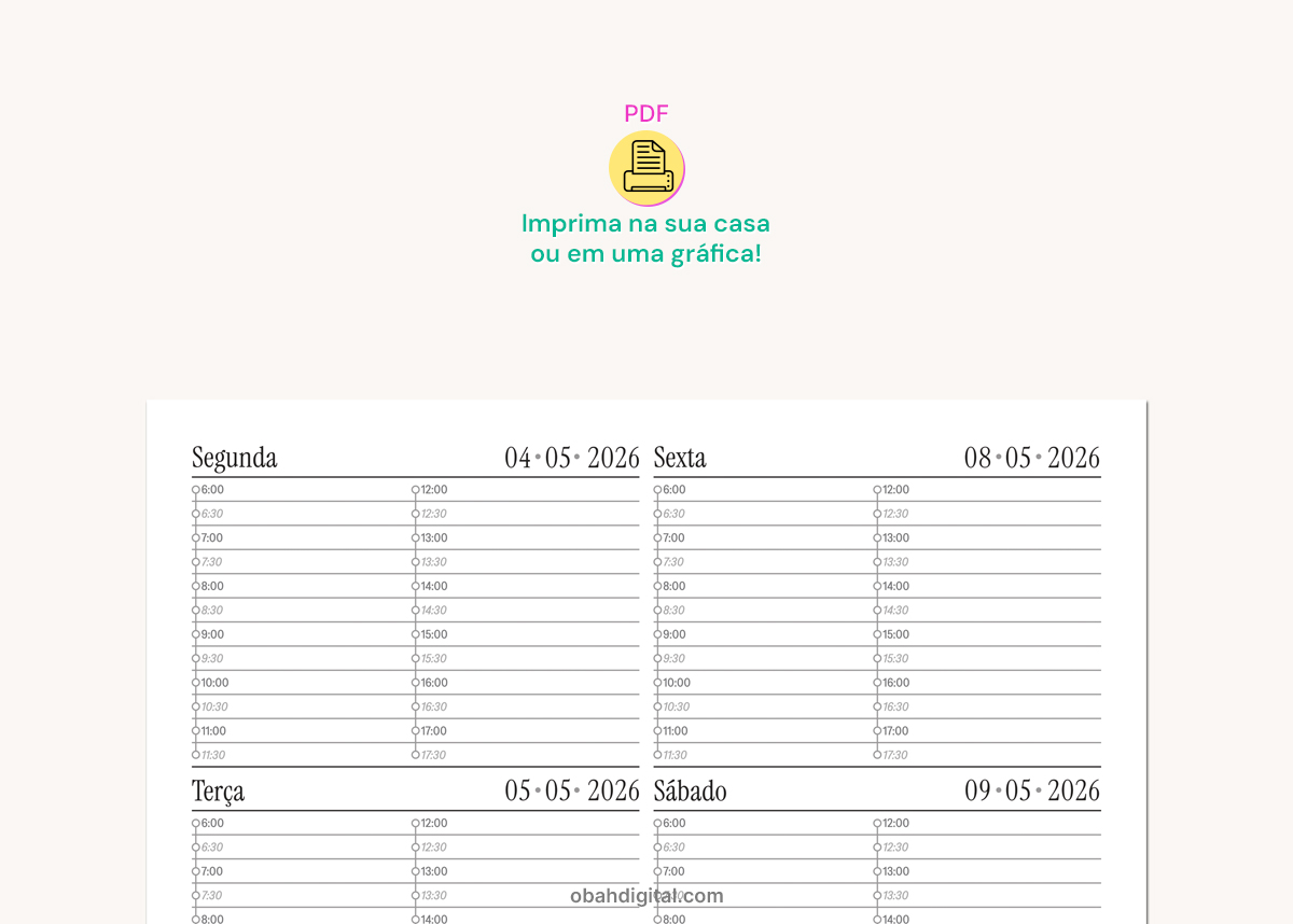 Arquivo Digital Planner Semanal 2026 Horários A4 feriados fases lua