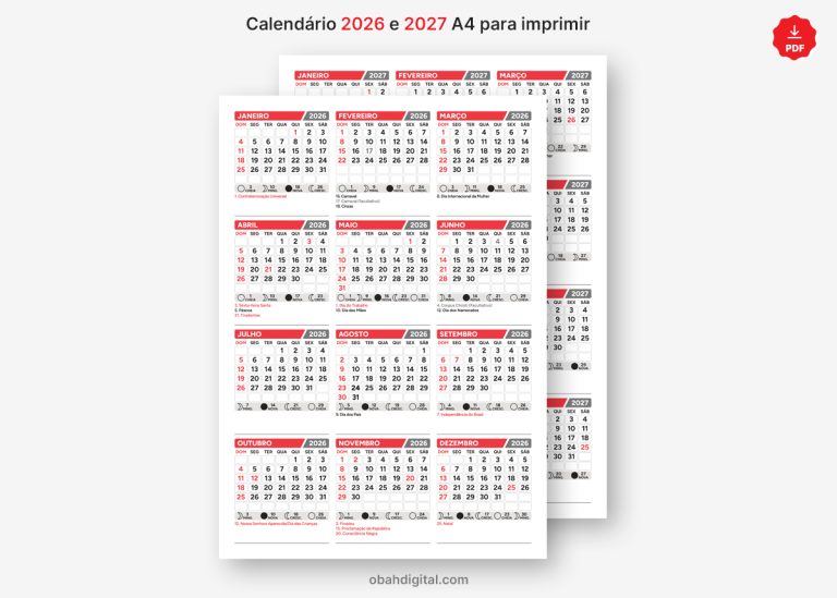 Calendário 2026 e 2027 para imprimir A4 – Obah Digital