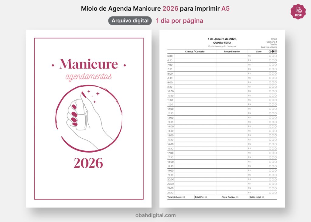 Miolo de Agenda Manicure A5 2026 1DPP para imprimir