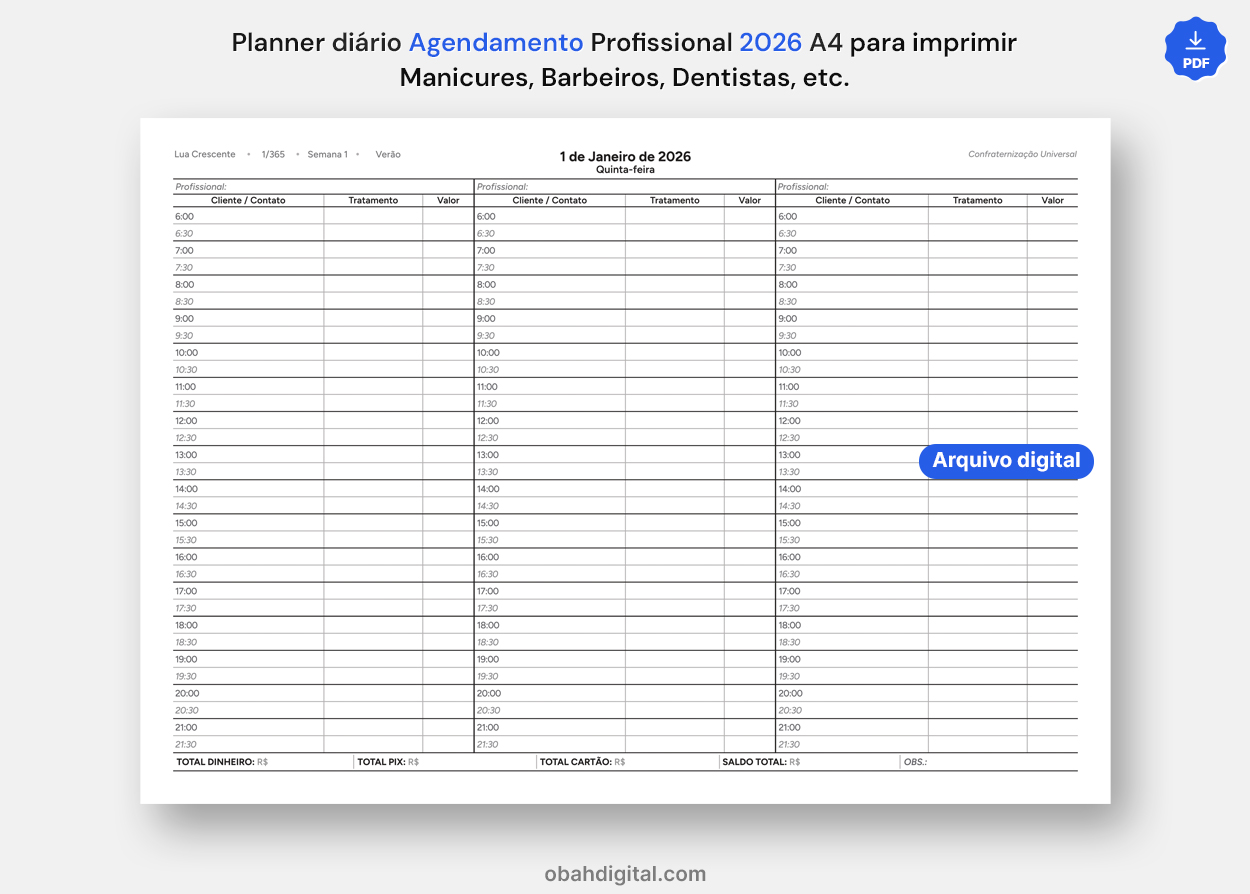 Planner Diário Agendamento Profissional A4 Dentista Manicure 2026