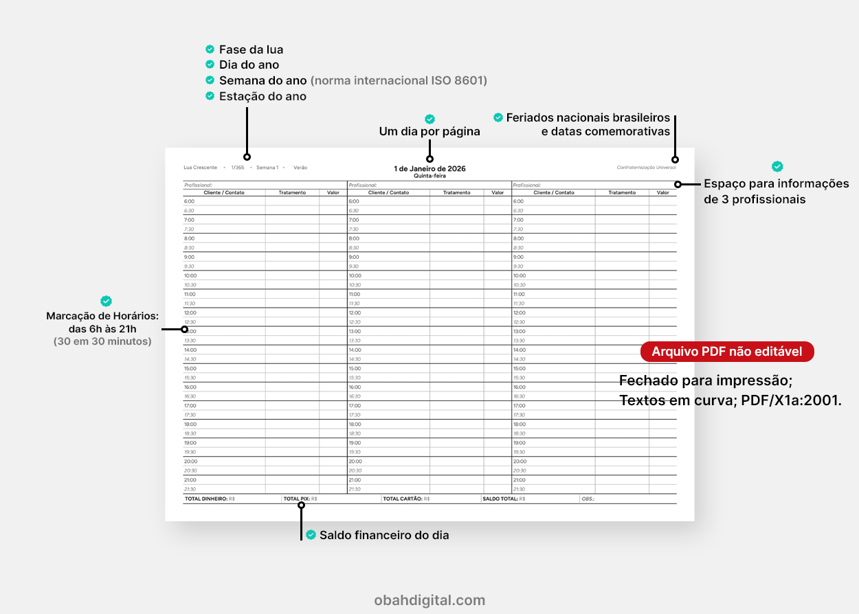Planner Diário Agendamento Profissional A4 Dentista Manicure 2026