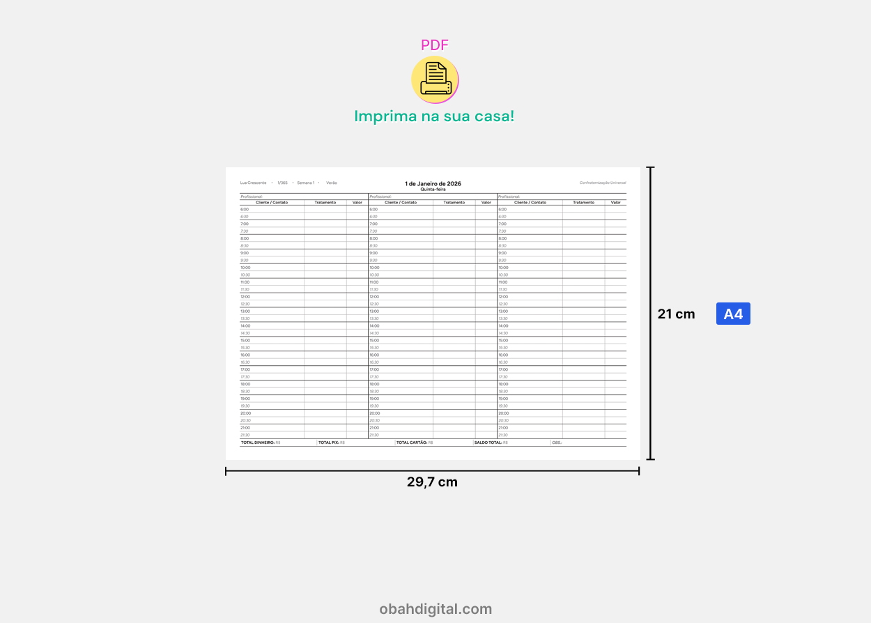 Planner Diário Agendamento Profissional A4 Dentista Manicure 2026