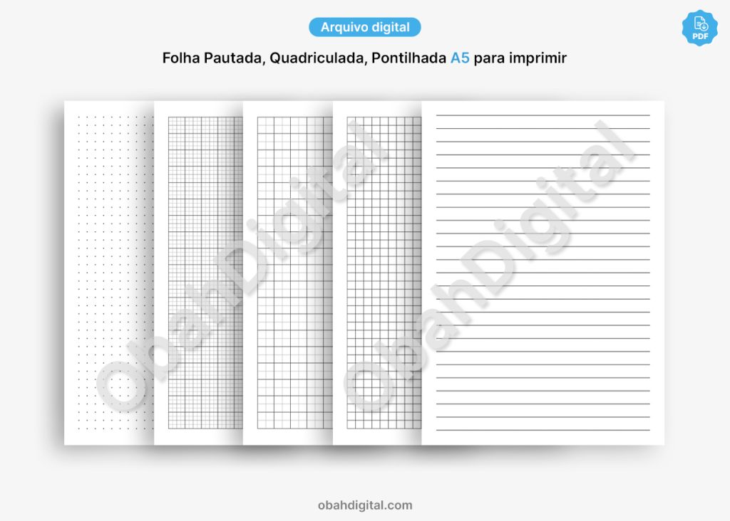 Caderno Digital Folha Pautada Quadriculada Pontilhada Grid A5 para imprimir