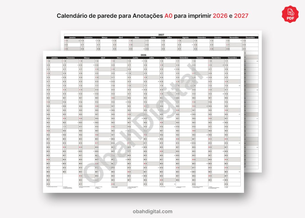 Calendário de Parede Anotações 2026 2027 A0 imprimir