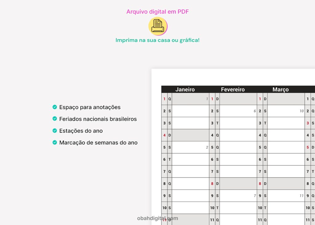 Calendário de Parede Anotações 2026 2027 A0 para imprimir – Obah Digital