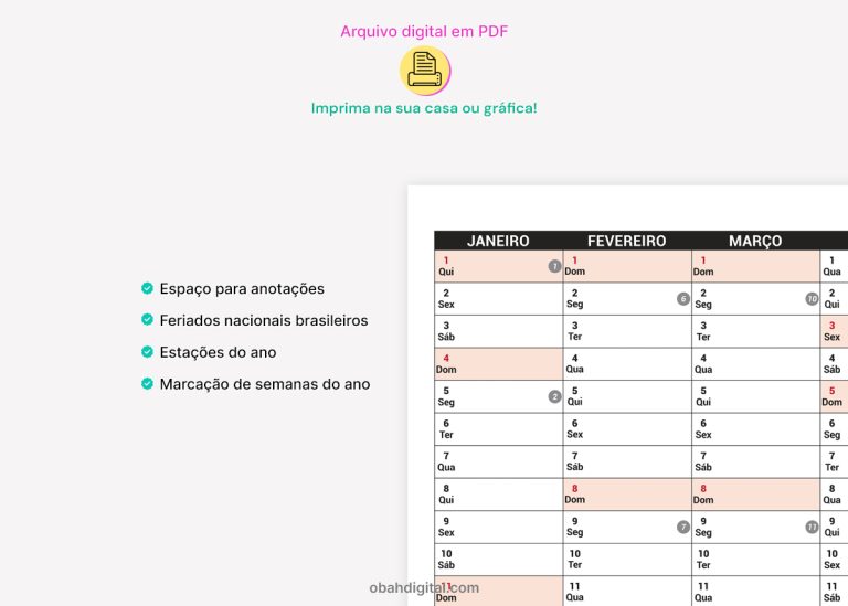 Calendário de Parede A0 Anotações 2026 2027 2028 para imprimir – Obah ...