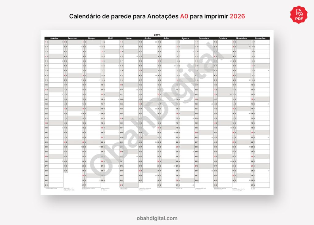 Calendário Parede Planner espaço anotações 2026 A0 para imprimir