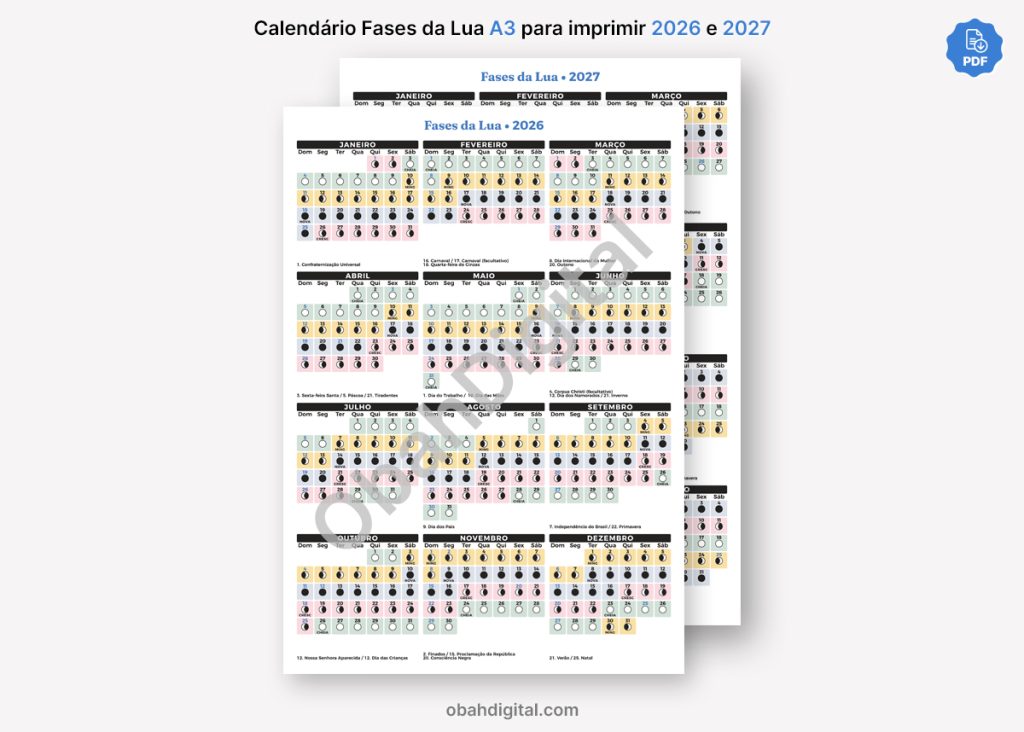 Calendário Lunar Fases da Lua 2026 2027 A3 para imprimir