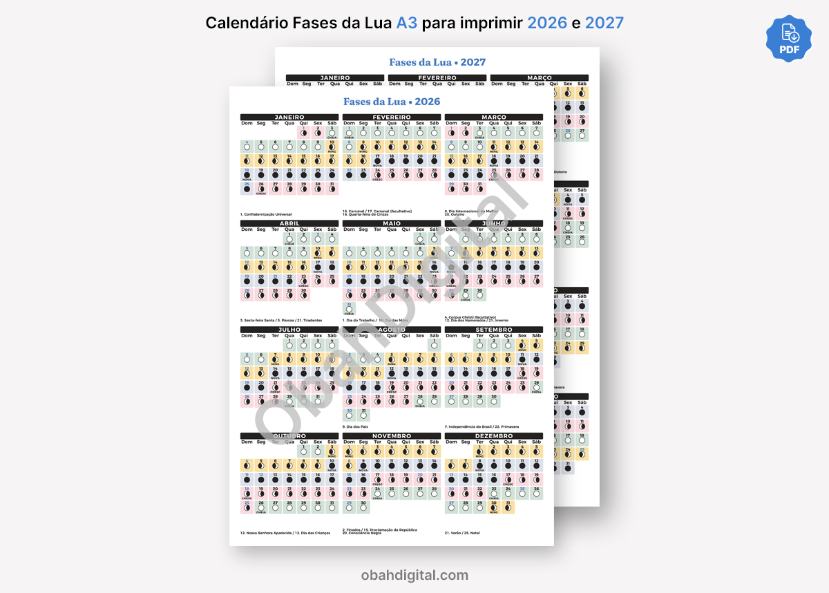 Calendário Lunar Fases da Lua 2026 2027 A3 para imprimir