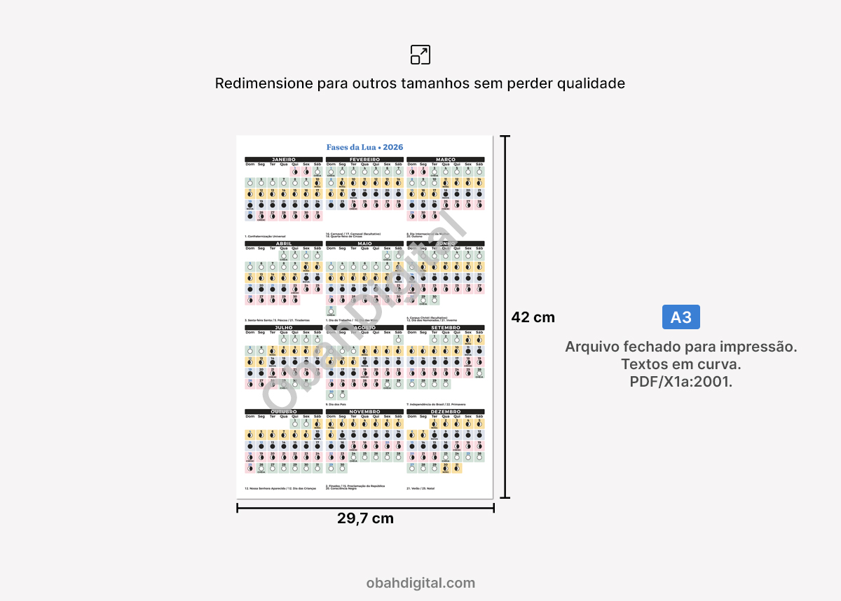 Calendário Lunar Fases da Lua 2026 2027 A3 para imprimir