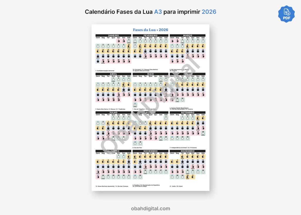 Calendário Lunar Fases da Lua 2026 A3 para imprimir