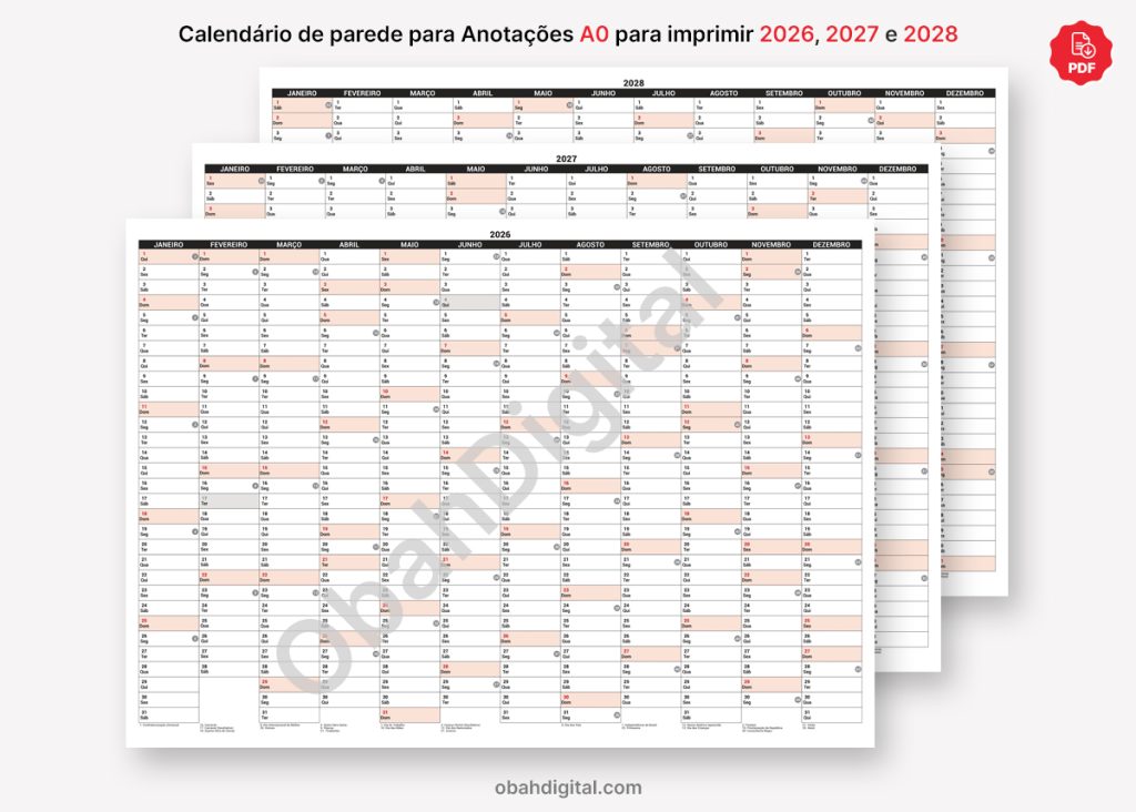 Calendário de Parede Anotações 2026 2027 2028 A0 imprimir