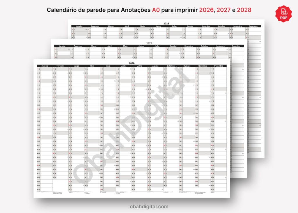Calendário de Parede Anotações 2026 2027 2028 A0 imprimir
