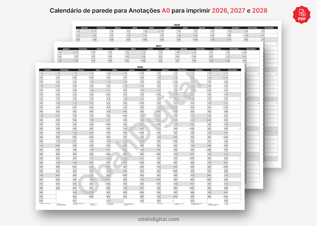 Calendário de Parede Anotações 2026 2027 2028 A0 imprimir