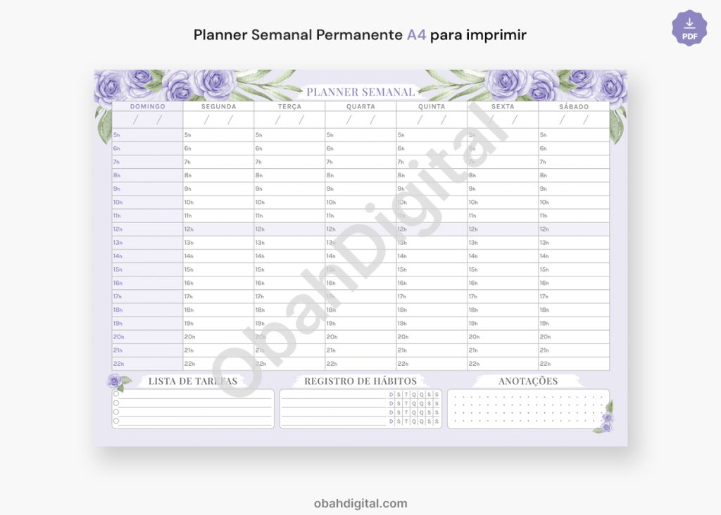 Planner Semanal Permanente Horários A4 para imprimir