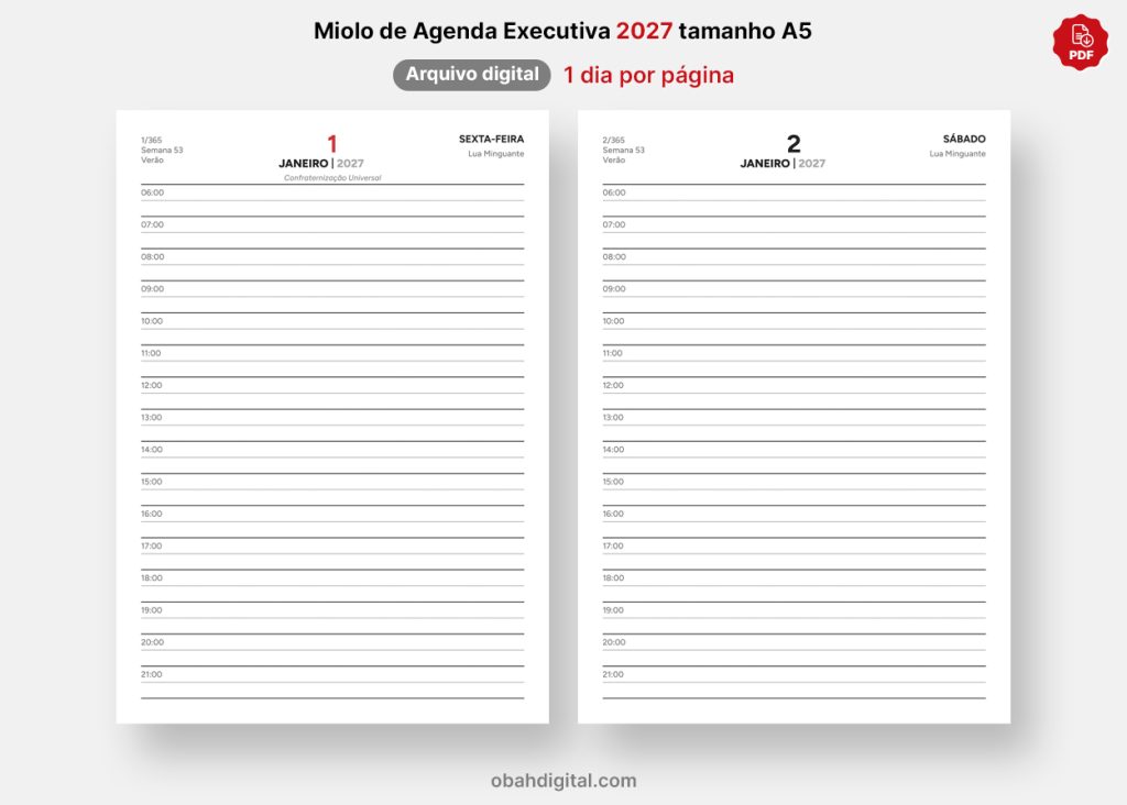 Miolo de Agenda Executiva 2027 A5 para imprimir