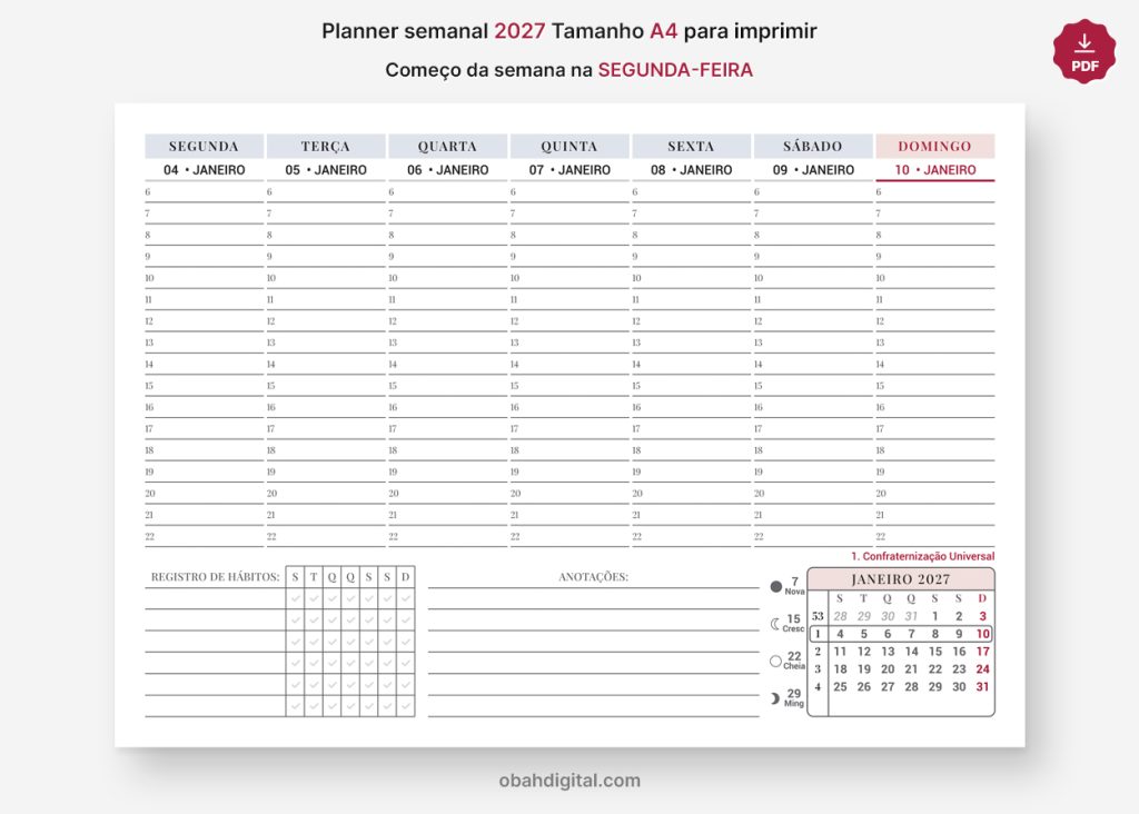 Planner Semanal 2027 Segunda-feira Horários A4 imprimir