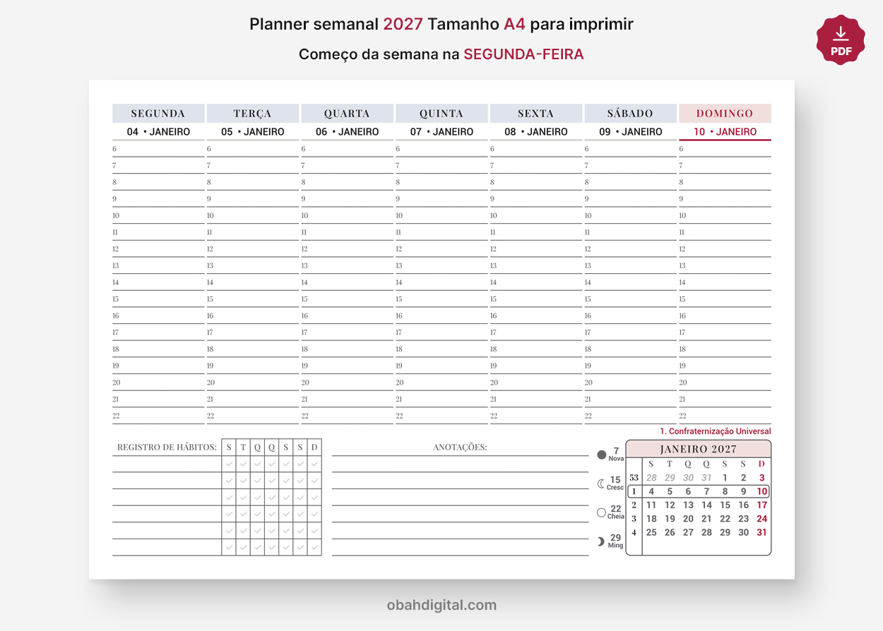 Planner Semanal 2027 Segunda-feira Horários A4 imprimir