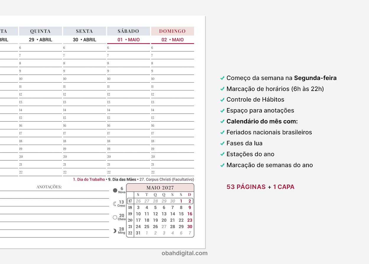 Planner Semanal 2027 Segunda-feira Horários A4 imprimir