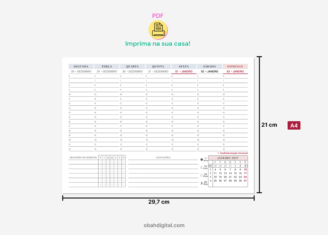 Planner Semanal 2027 Segunda-feira Horários A4 imprimir