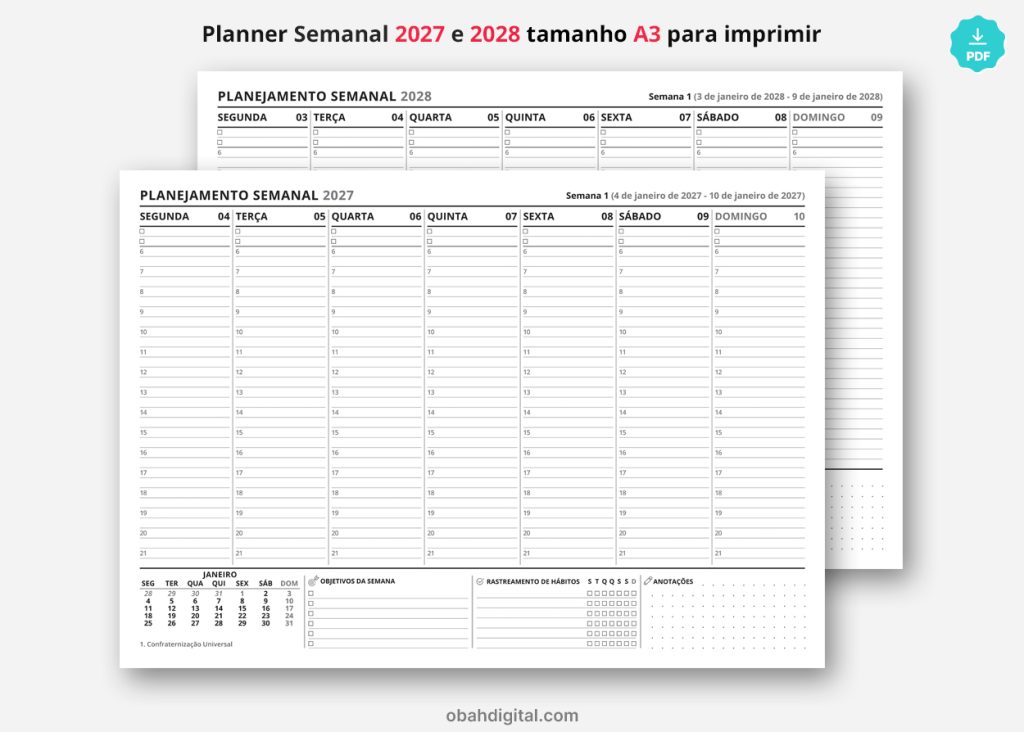 Arquivo Digital Planner Semanal A3 Horários 2027 2028 para imprimir