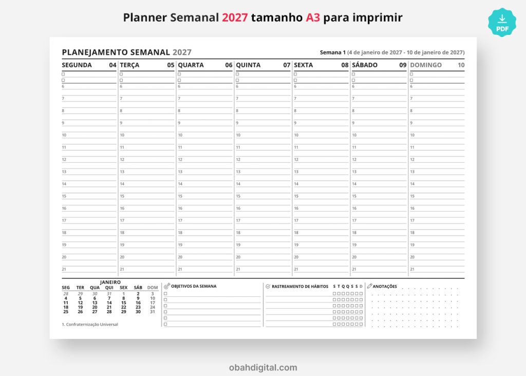 Arquivo Digital Planner Semanal A3 Horários 2027 para imprimir