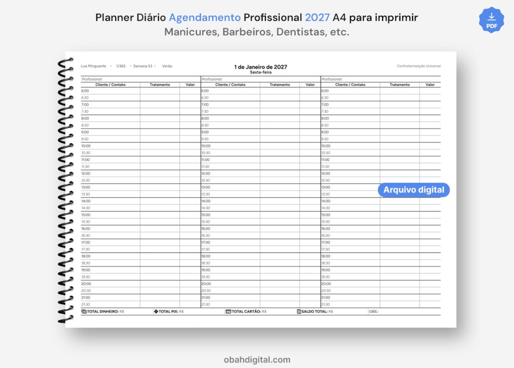 Planner Diário Agendamento Profissional Dentista Manicure Barbeiro para imprimir 2027
